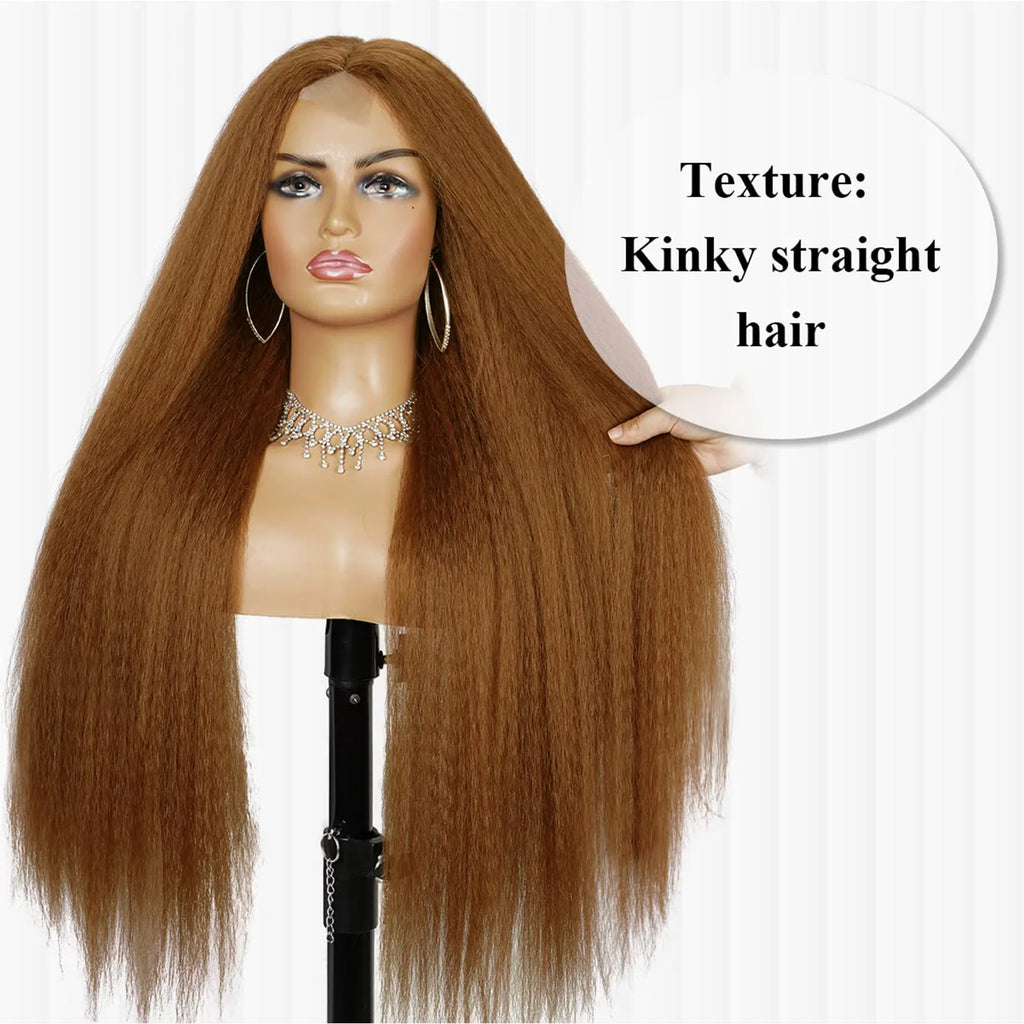 32-Inch Middle Center Part Hair Wig Yaki Kinky Straight Afro Synthetic Fiber Glueless Machine-Made Wigs Women