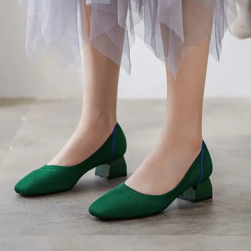 Knitted Fabric Comfortable Office Wear Formal Shoes Slippers Low Block Heels for Women