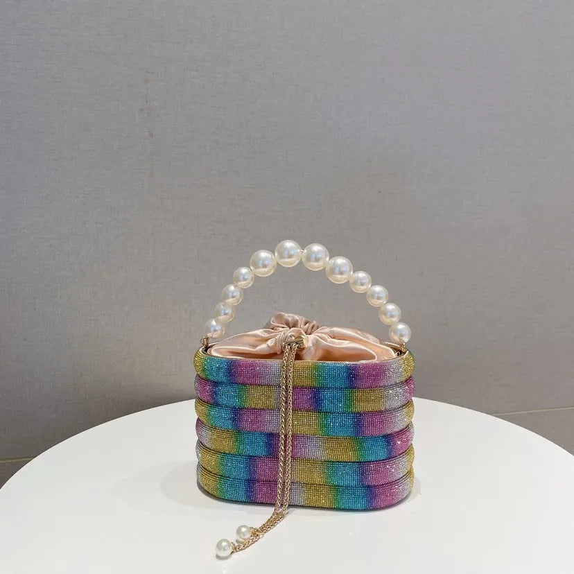 Pearl Handle Evening Clutch Bag with Candy Pattern Daily Use Long Strap for Wedding and Party Events