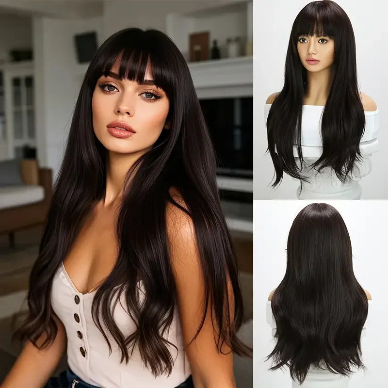 2025 Tea Black Color Synthetic Wigs with Bangs Long Natural Wavy Hair Wig for Women Daily Use Cosplay Party Heat ResistantSM7235
