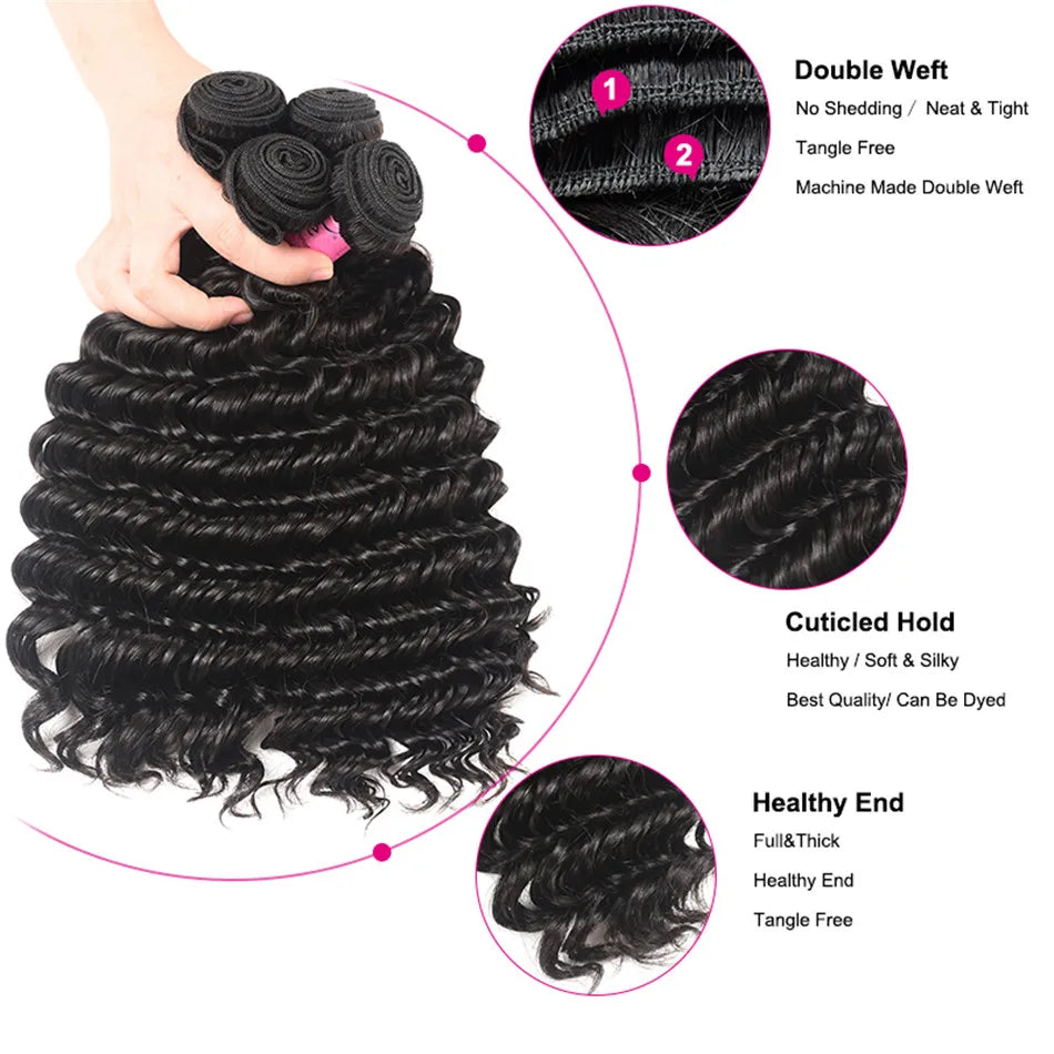 UNice Hair Peruvian Deep Wave Human Hair Hair Bundles 1/3/4 PCS 100% Human Hair Sew In Weaves 12-26 Inch Remy Hair Weave Bundles