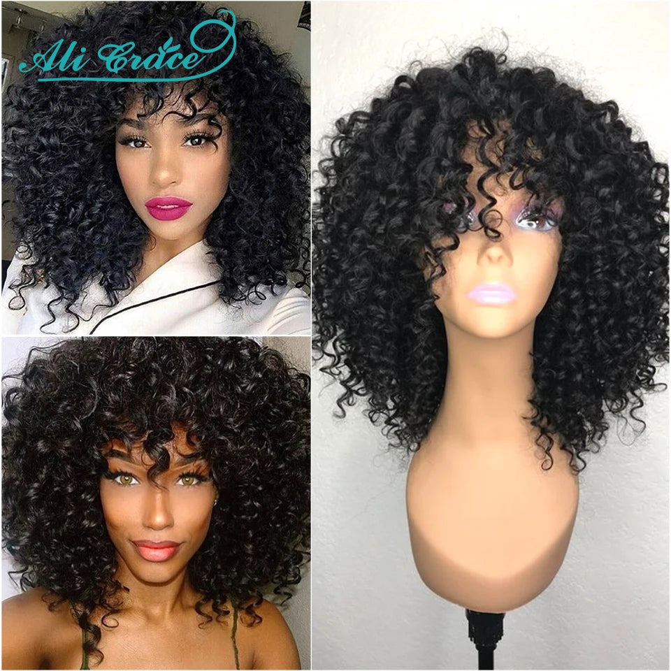 30CM Curly Human Hair Wigs With Bang Machine Made No Lace Wigs Cheap Full Curly Ali Grace Brazilian Hair Fringe Wig