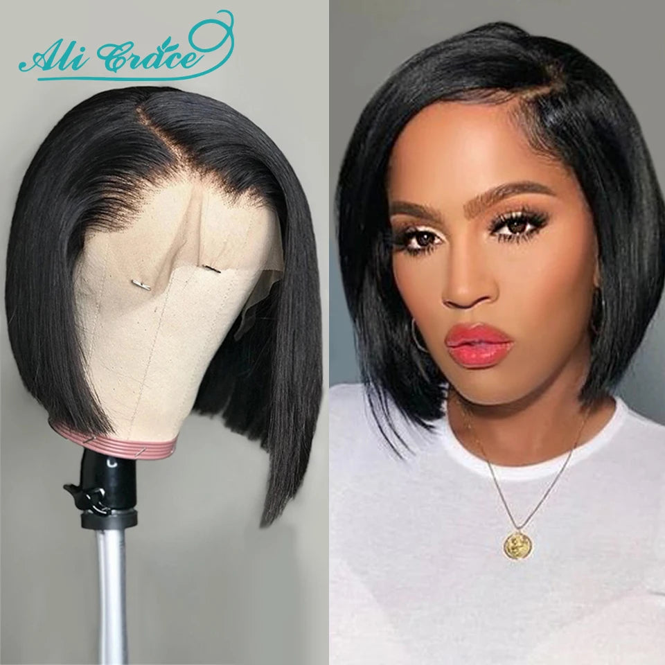 20CM Pixie Cut Blunt Bob Hair Wig Brazilian Short Straight Hair Wigs Pre-plucked Pixie Cut Ali Grace Lace Part Lace Wigs