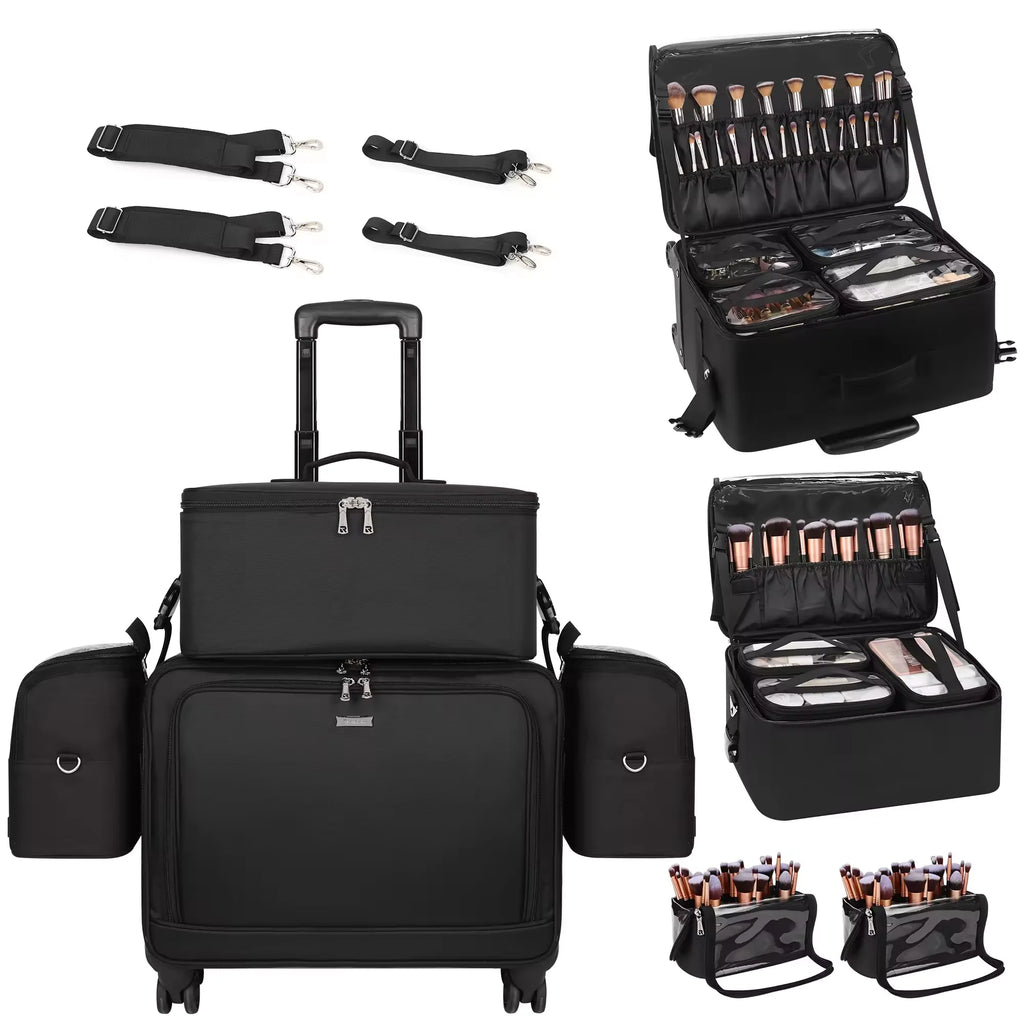 Relavel Professional 4 in 1 Black Canvas Rolling Artists Makeup Cases Travel Trolley Case with 7 Small Bags Cosmetic Cases