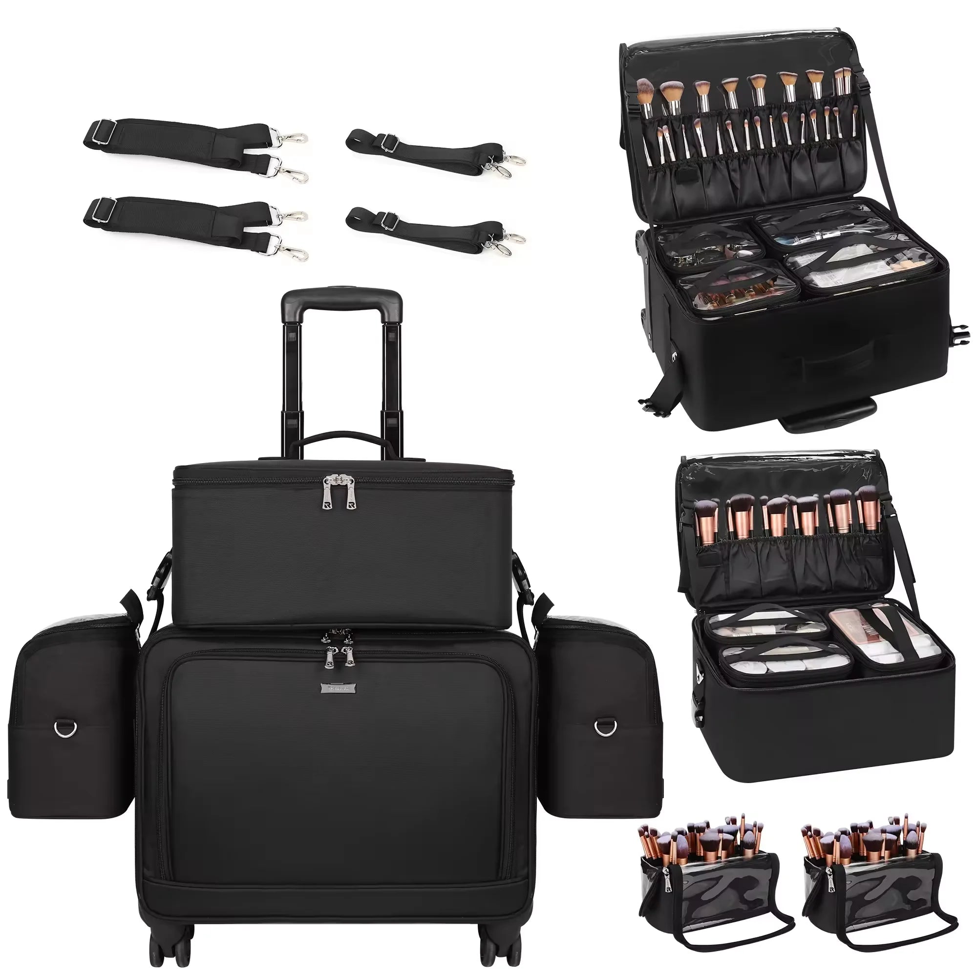 Relavel Professional 4 in 1 Black Canvas Rolling Artists Makeup Cases Travel Trolley Case with 7 Small Bags Cosmetic Cases