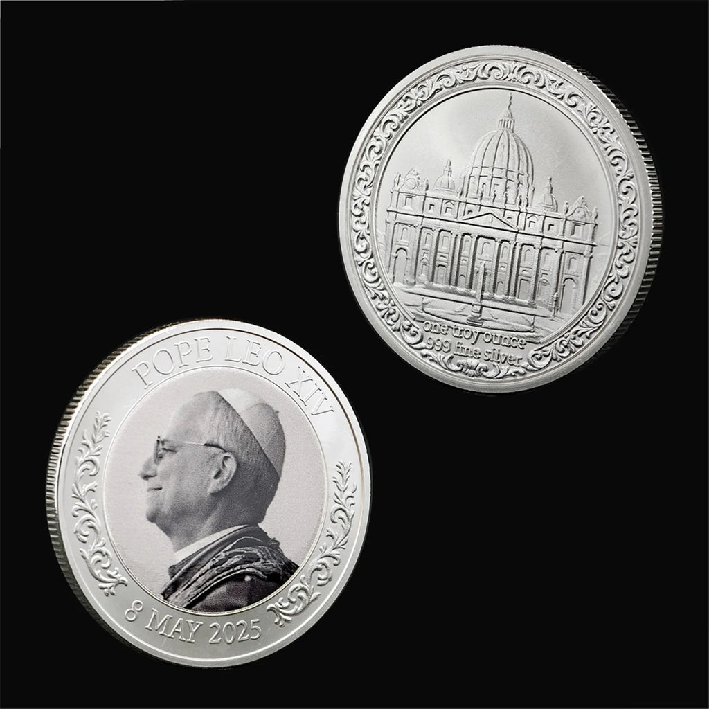 Metal Craft Pope Leo XIV Commemorative Coin HABEMUS PAPAM Silver Hard Enamel Coin  with Cross for Prayer Use