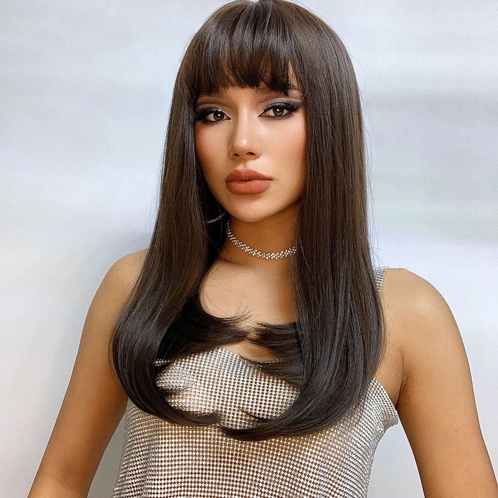 Fast Delivery  Long Silky Straight Wigs with Bangs Dark Black Brown Synthetic Wigs Bone Straight Fiber Hair Wig