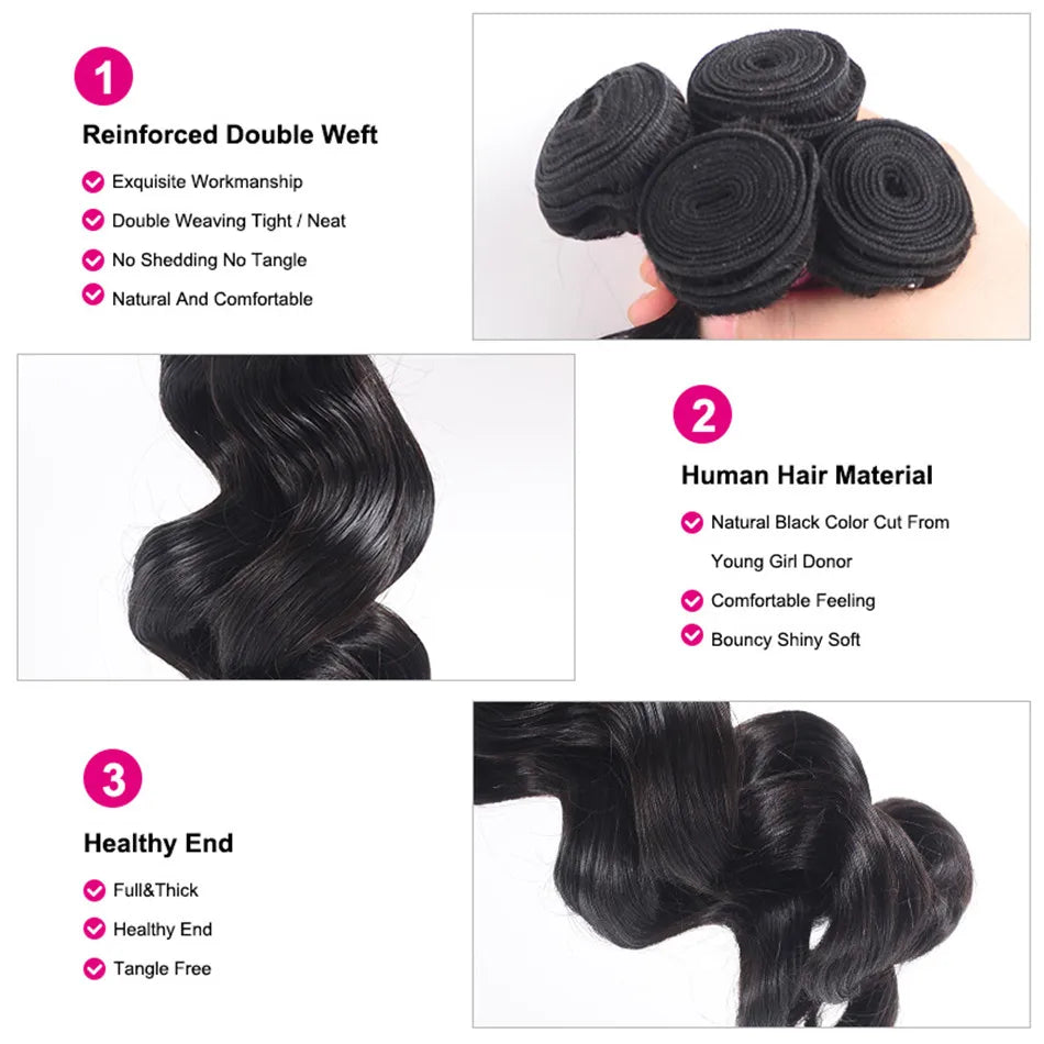 UNice Hair Brazilian Loose Wave Hair Extension 3 PCS 100% Human Hair Bundles Remy Hair Weave 16-26 Inch Natural Color