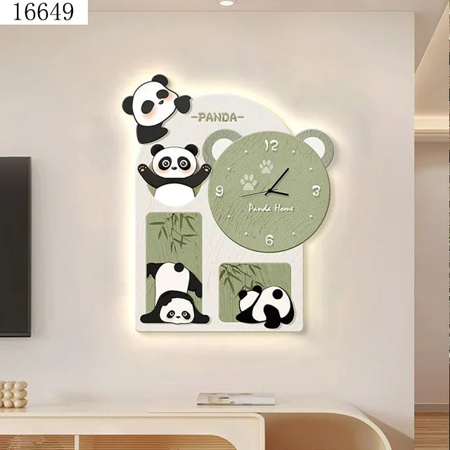 70*80CM Simplicity Panda Crystal Porcelain Modern Glass Wall Painting with Led Wall Clock for Home Decor Living Room