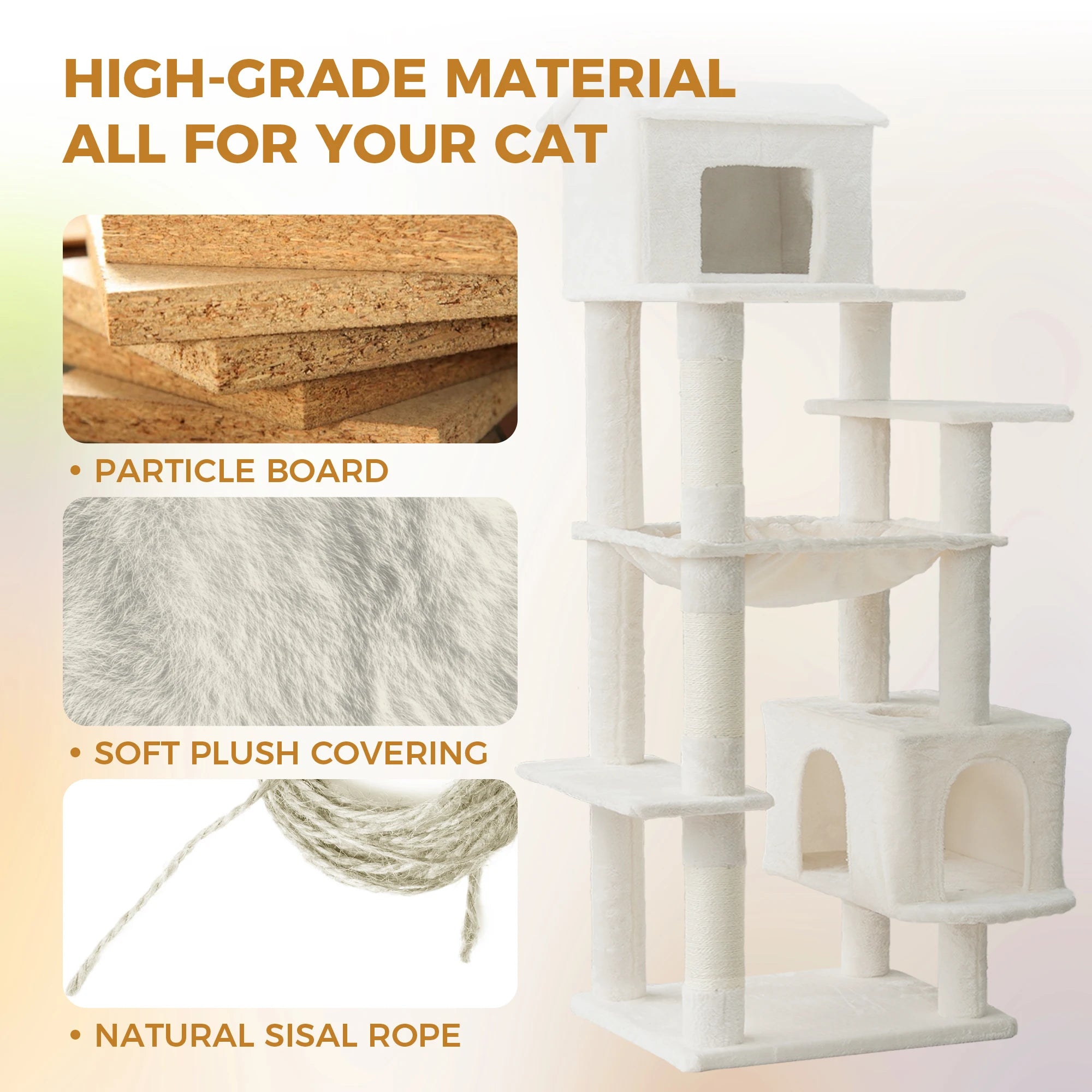 Modern Luxury Large Beige  Multi Layer Plush Cat Tree with Hammock Grab Post Carton Packed for 4-5 Cats Free Shipping US