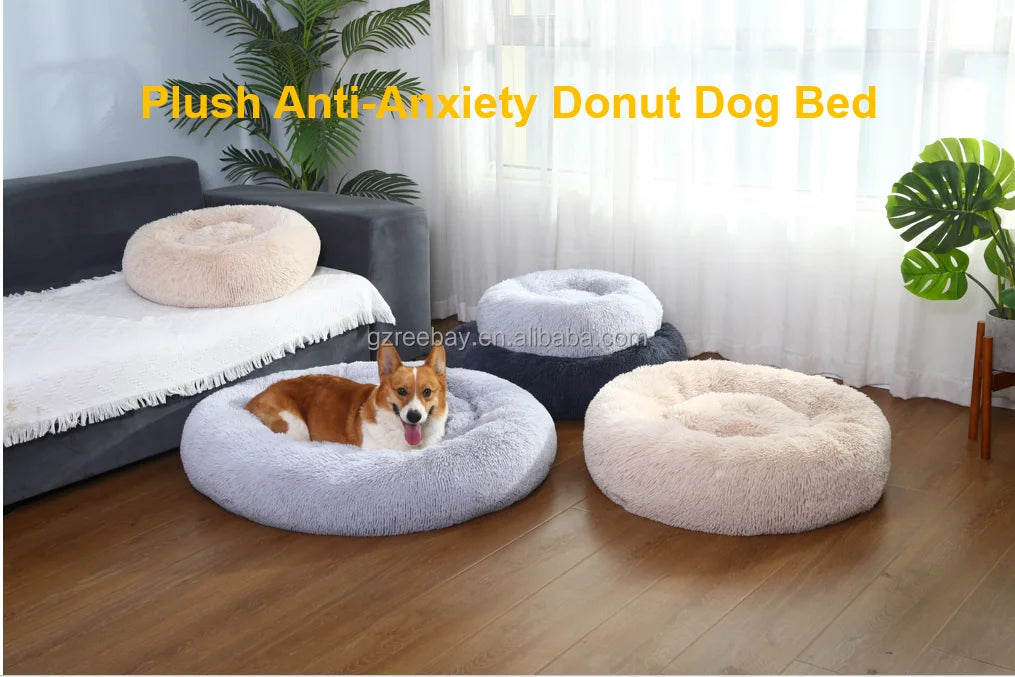 Hot Seller Soft Donut Round Pet Bed Cat Dog Cushion Fluffy Long Plush Waterproof Calming Dog Bed
