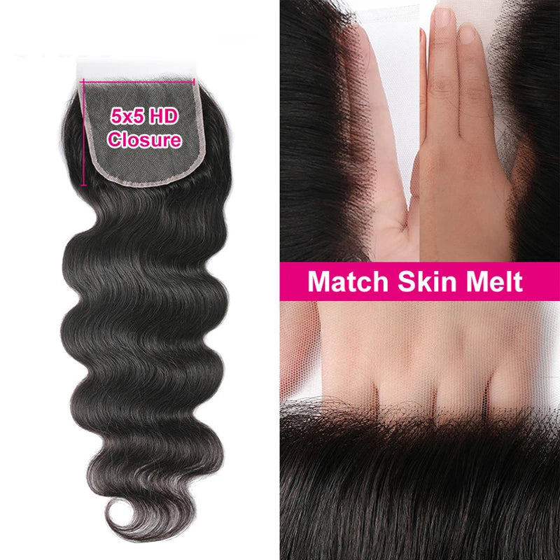 UNice Body Wave Human Hair Bundles With Closure Natural Color 100% Human Hair Bundles 3PCS With 4x1 / 4x4 / 5x5 HD Lace Closure