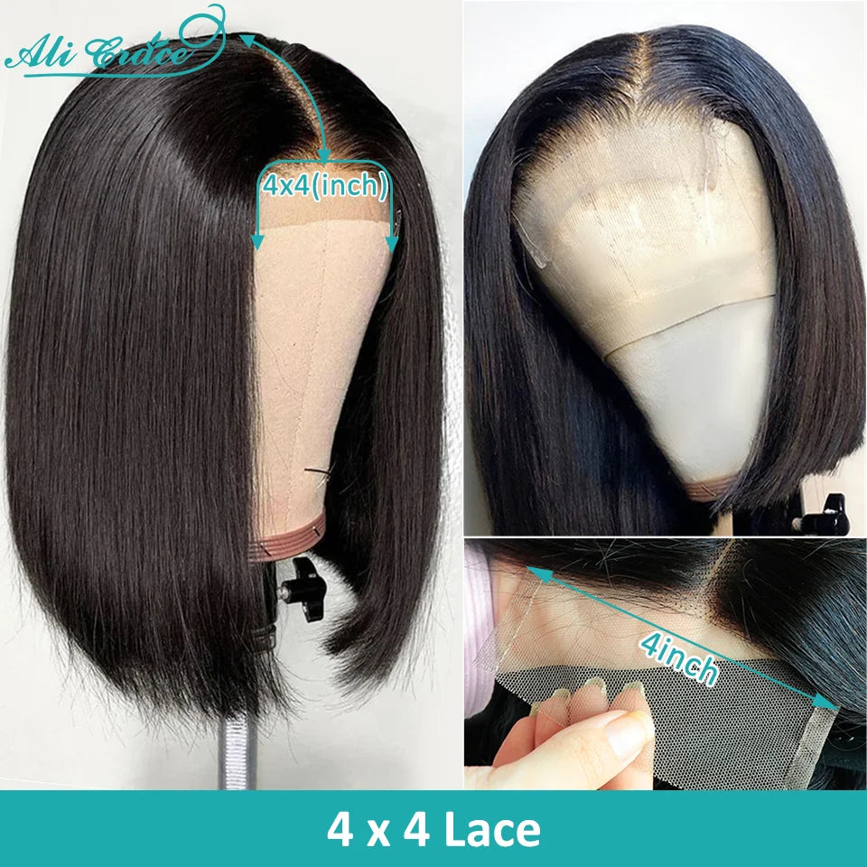 Ali Grace Hair Straight Short Bob Wig 4x4 Lace Closure Wig Brazilian Transparent Lace Remy Human Hair Wigs for Women Pre Plucked