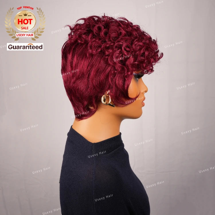 Burgundy Pixie Cut Wig Glueless Full Machine Made Human Hair Wig With Bangs 99J Colored Layered Wavy Different Style Short Wig