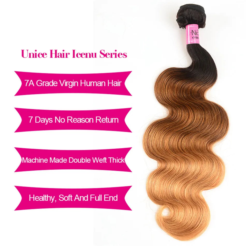 UNICE HAIR Ombre Hair Bundles Brazilian Body Wave 3 Bundles 100% Human Hair Weaves Remy Hair Extension 16-26inch Free Shipping