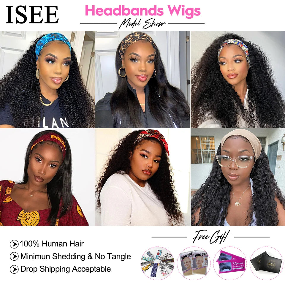 Straight Headband Wig Human Hair Wigs 180% Density Brazilian Straight Hair Wig ISEEHAIR Full Machine Made Wig For Black Women