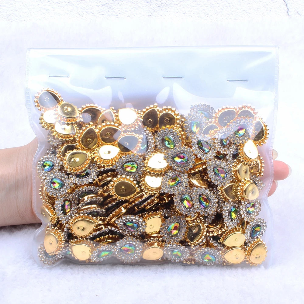 Hot Sale Flatback Claw Glass Rhinestones 7x10mm 200pcs Sew on Tear Shiny Crystals Gold Base for Bags & Clothes