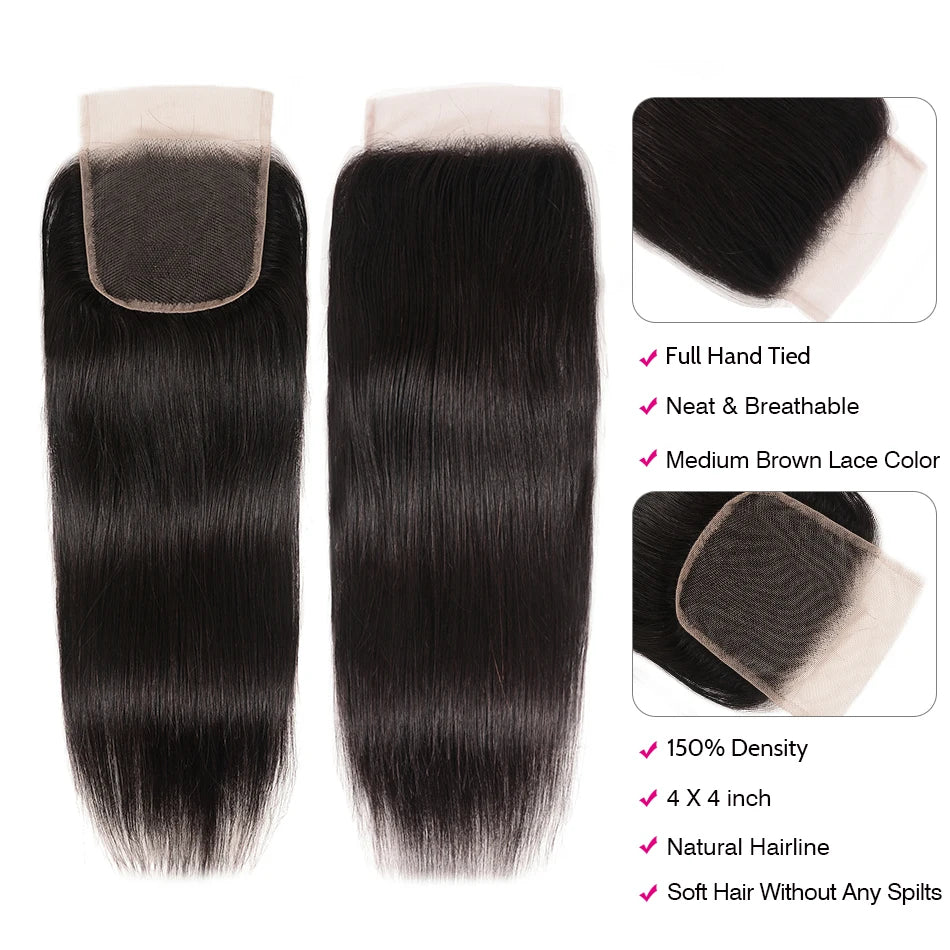 Unice Hair Malaysian Straight Hair Lace Closure 4X4 Free Part Remy Human Hair Closure Swiss Lace 1 PCS 150% Density