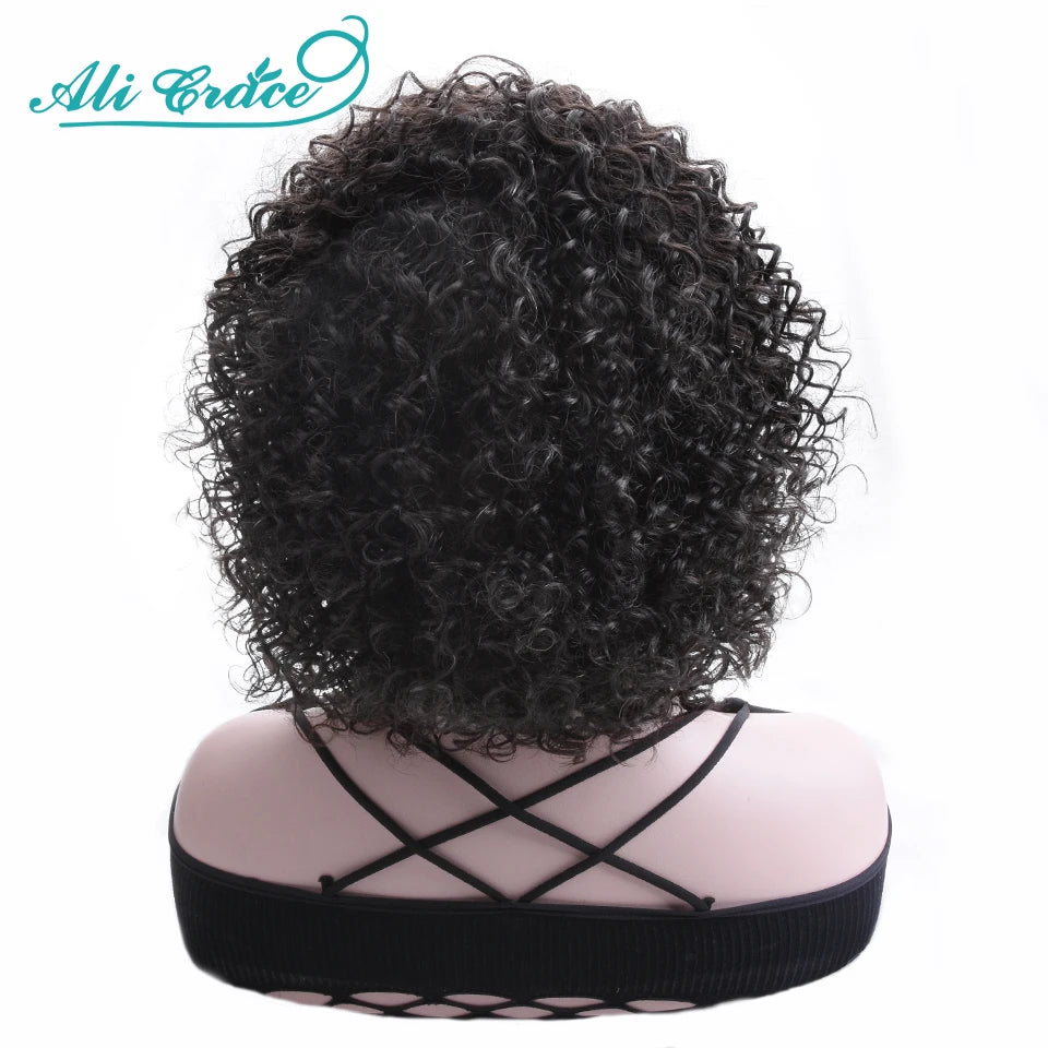 30CM Curly Human Hair Wigs With Bang Machine Made No Lace Wigs Cheap Full Curly Ali Grace Brazilian Hair Fringe Wig
