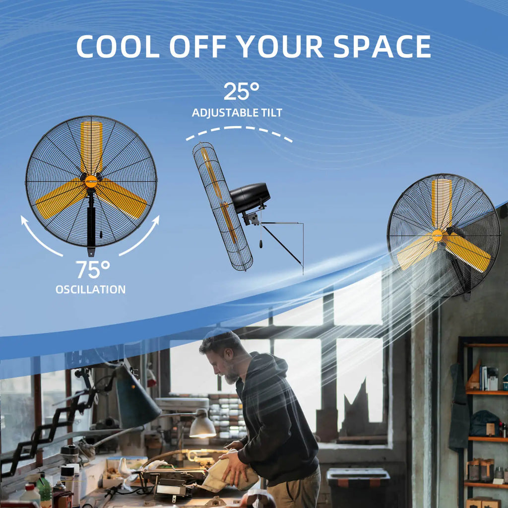 24 Inch Oscillating Wall Mounted Fan High Velocity 7600 CFM Industrial Heavy Duty Metal Wall Fan for Garage Shop
