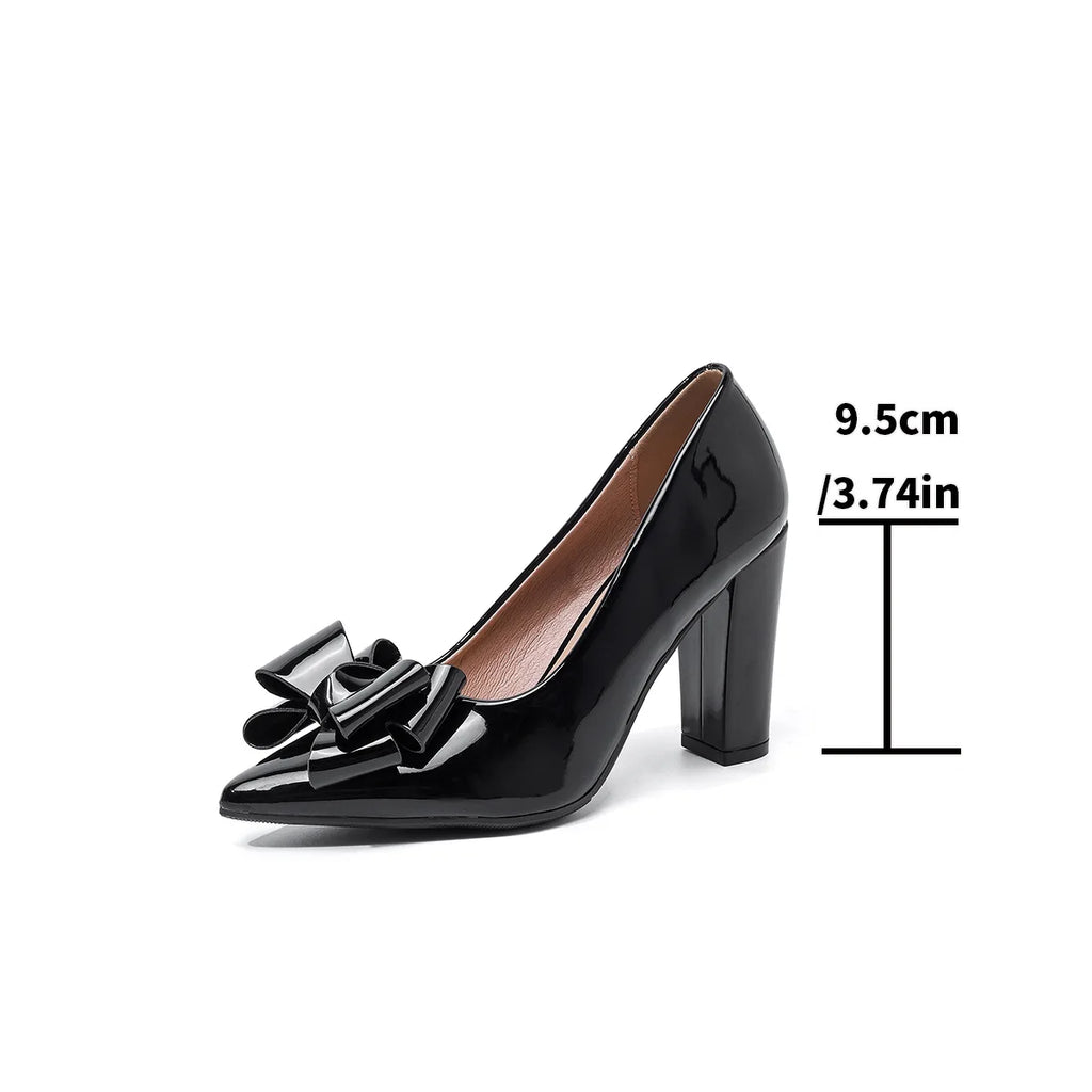 Xuanhui Autumn Fashion Pointed Toe Bow Patent Leather Classic Black High Heels Shoes Sexy High Heels Pumps for Women