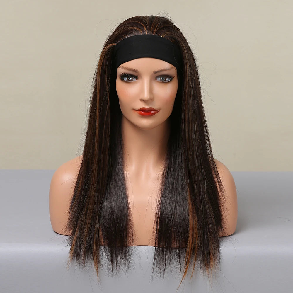 Dark Brown Highlight Headband Synthetic Wigs Long Straight Heat Resistant Headband Hair Wig for Women Daily/Cosplay Wig Headband