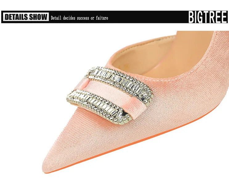 34-43 Elegant Banquet Thickened Suede Shallow Cut Pointed Side Hollow High Heels Rhinestone Buckle Super High Heels