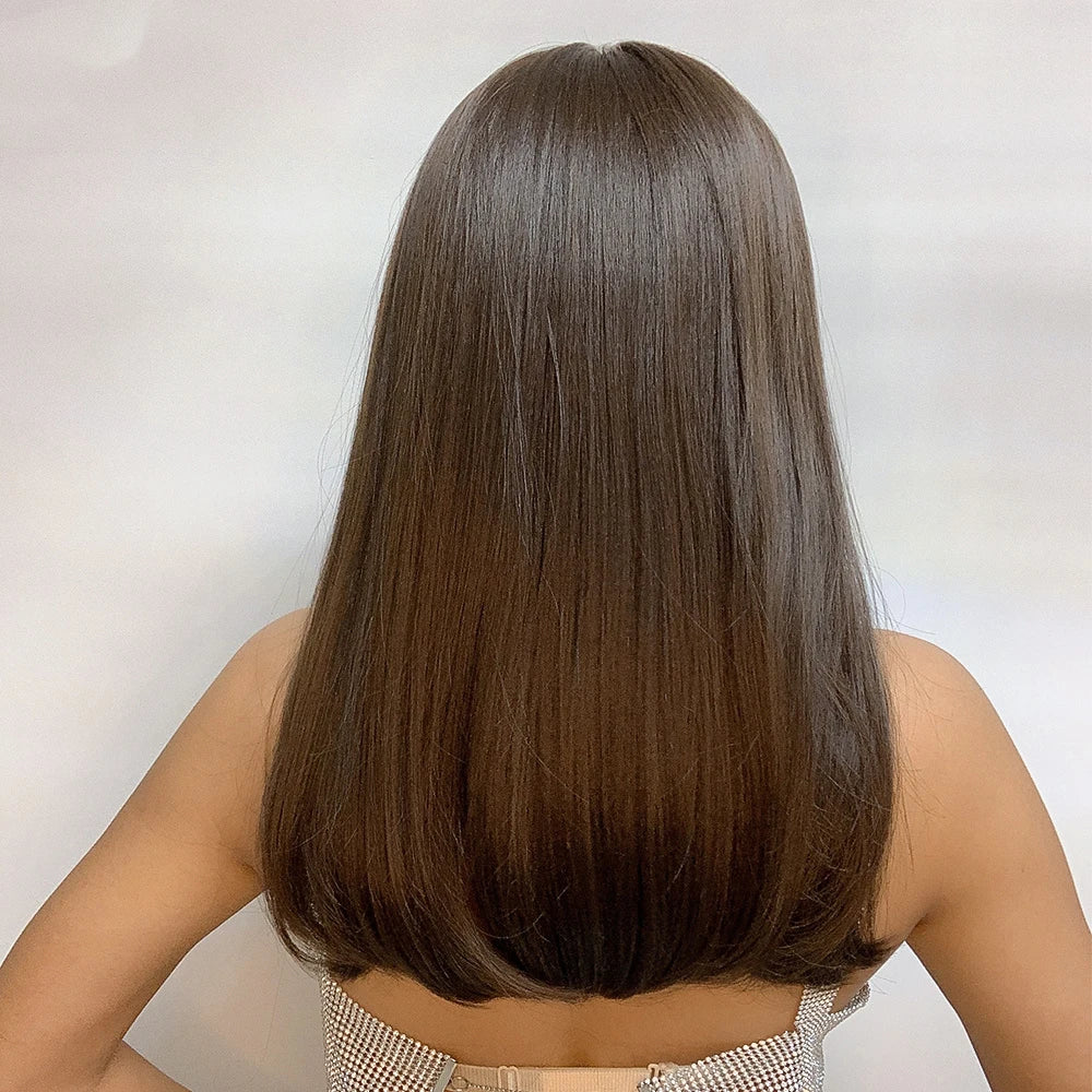 Fast Delivery  Long Silky Straight Wigs with Bangs Dark Black Brown Synthetic Wigs Bone Straight Fiber Hair Wig