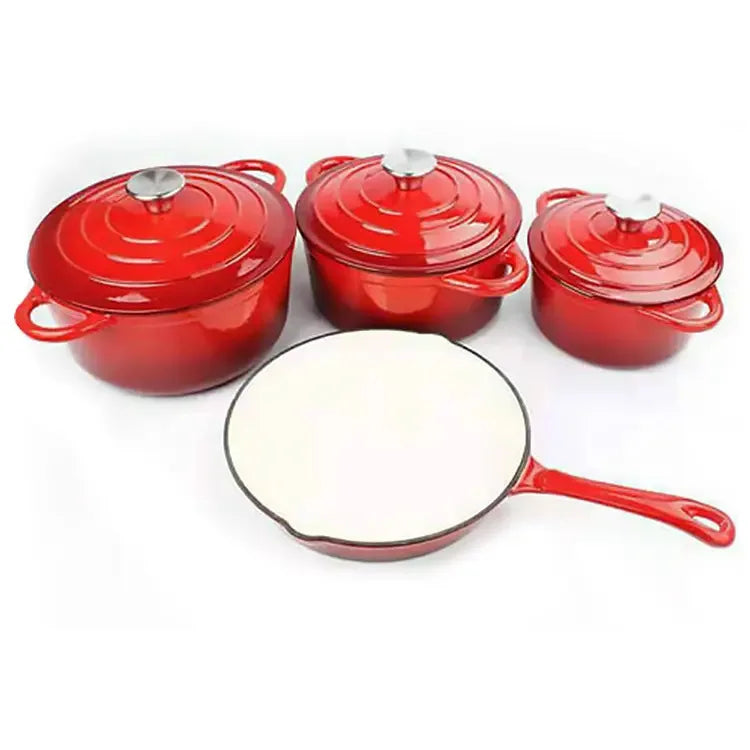 Modern Design 4-Piece Cast Iron Enamel Cookware Set Flat Frying Pan and Soup/Stew Pot Factory-Cast Metal Enamel Pot