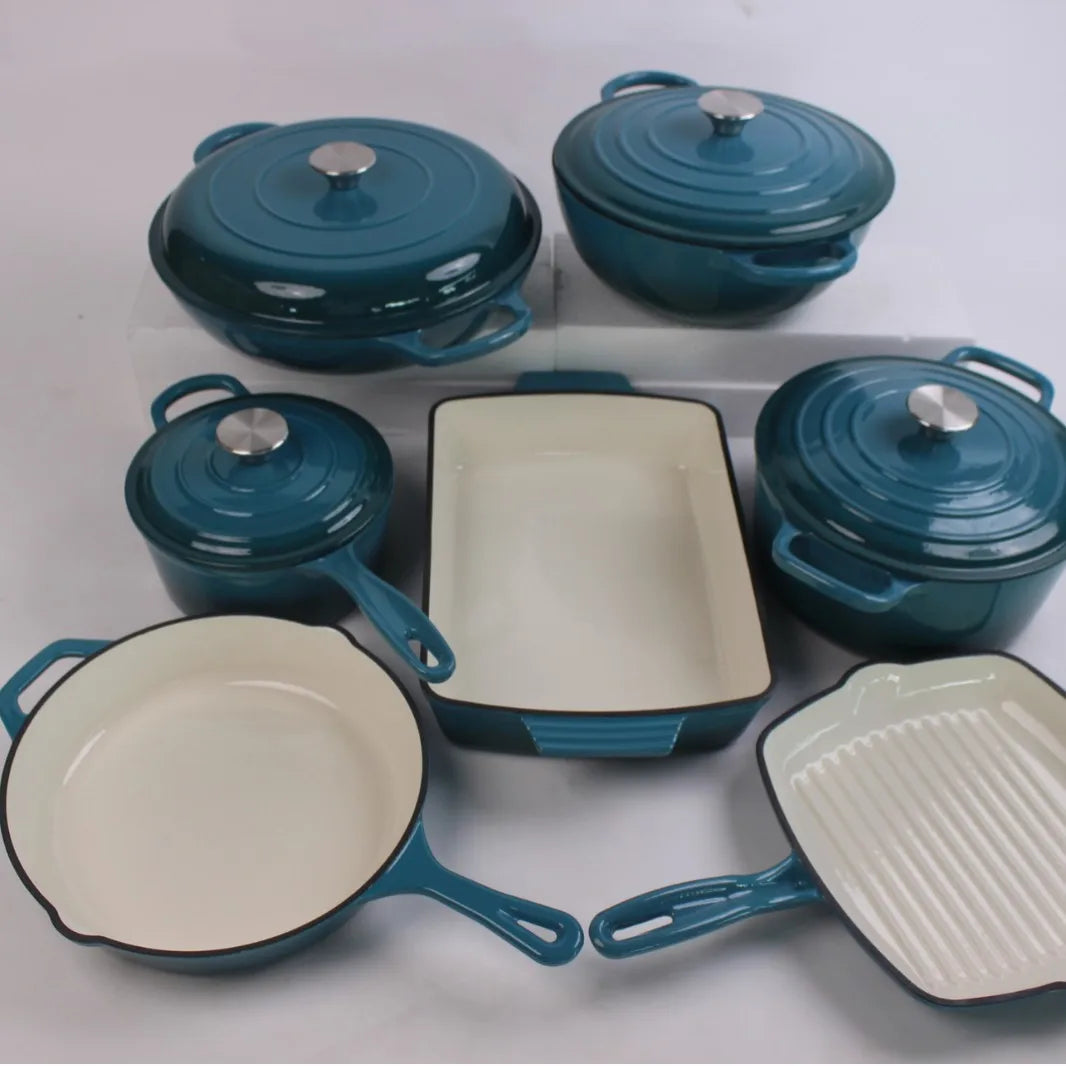 14-Piece Modern Design Cast Iron Enamel Pot Set for Kitchen Use Parties Includes Frying Pan Stew Pot Seafood Pot Food Storage