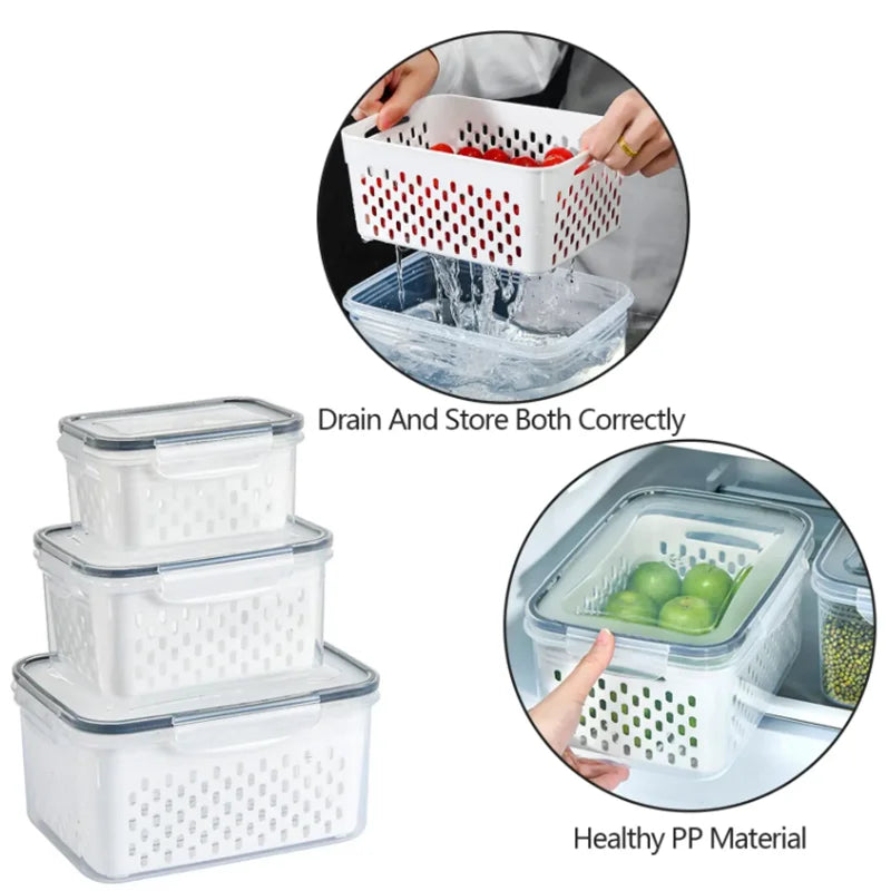 Fridge Organizer Bins Leakproof Plastic Transparent Kitchen Food Pantry Storage Containers With Lids and Removable Colanders