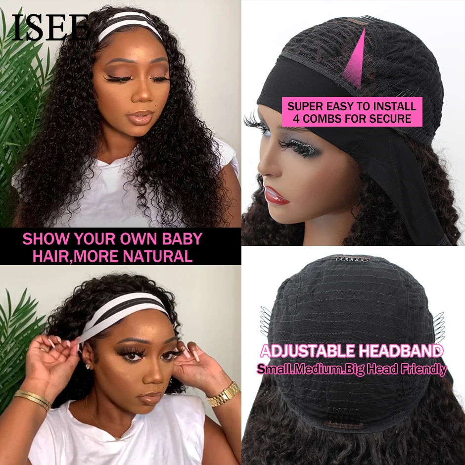 Kinky Curly Women's Headband Wig ISEE HAIR Scarf Wig Brazilian Human Hair Wig Sale Deep Curly Headband Wig Natural Hair No GLUE