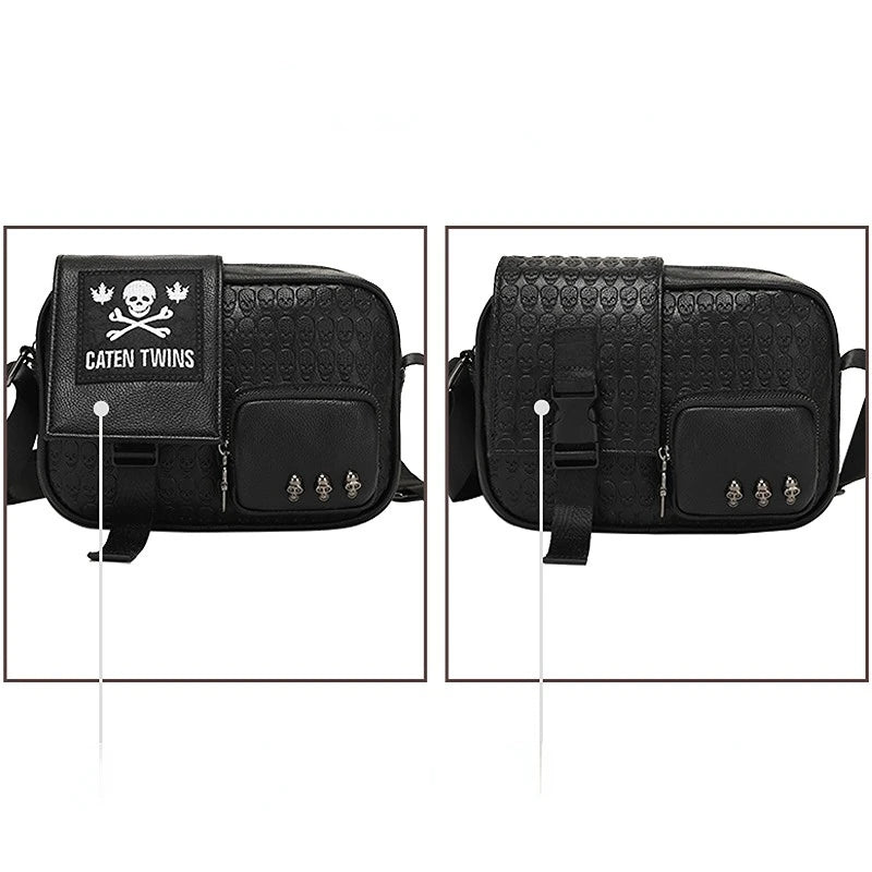 Rock Style Men's Crossbody Bags Square Satchels  Fashion Men Shoulder Messenger Bag Ghost Head Embossed Leather Crossbody Bag