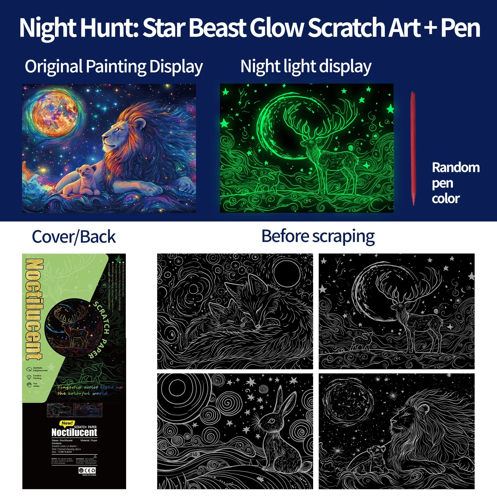 New Design Luminous Adults Scratch Painting Lion Rabbit Fox Starry Sky Kid Scratch Book DIY Children Kid Creative