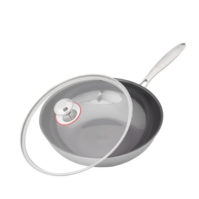 Extra Thick Nitrided Cast Iron Frying Pan Wood Grain Handle Tempered Glass Lid Non-Coated Non-Stick Surface CE Certified