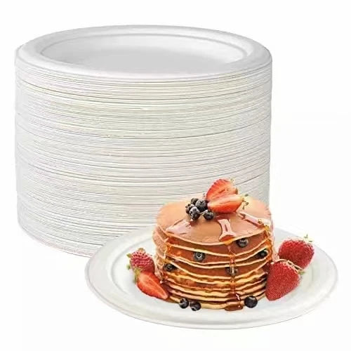 PFAS-Free 125-Pack 10 Inch 3C Heavy Duty Disposable Sugarcane Bagasse Paper Pulp Plate 100% Compostable Color Enamel Technique