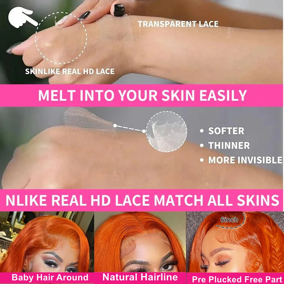 #350 Ginger Orange Color 13x4 Lace Front Body Wave Remy Hair Wig Pre Plucked HD Lace Frontal Human Hair Wigs for Women
