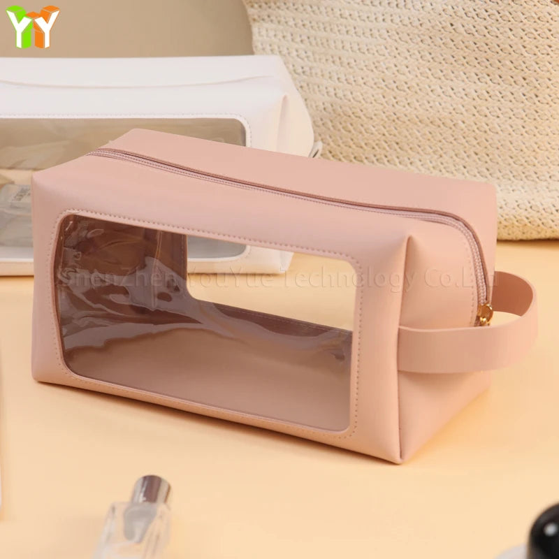 Portable Transparent PVC Toiletry Bags PU Leather Waterproof Zipper Wash Bag Women Makeup Cosmetic Bag for Traveling