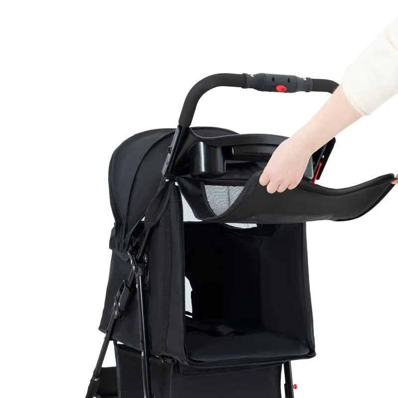Pet Stroller, 4-Wheel Dog Pram for Small Medium Cats and Dogs with Storage Basket and Cup Holders for Outdoor Travel