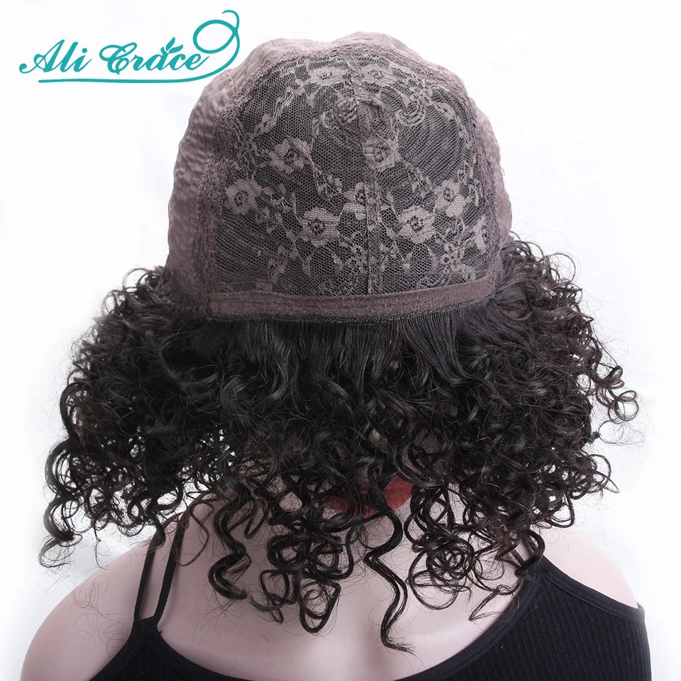 30CM Curly Human Hair Wigs With Bang Machine Made No Lace Wigs Cheap Full Curly Ali Grace Brazilian Hair Fringe Wig