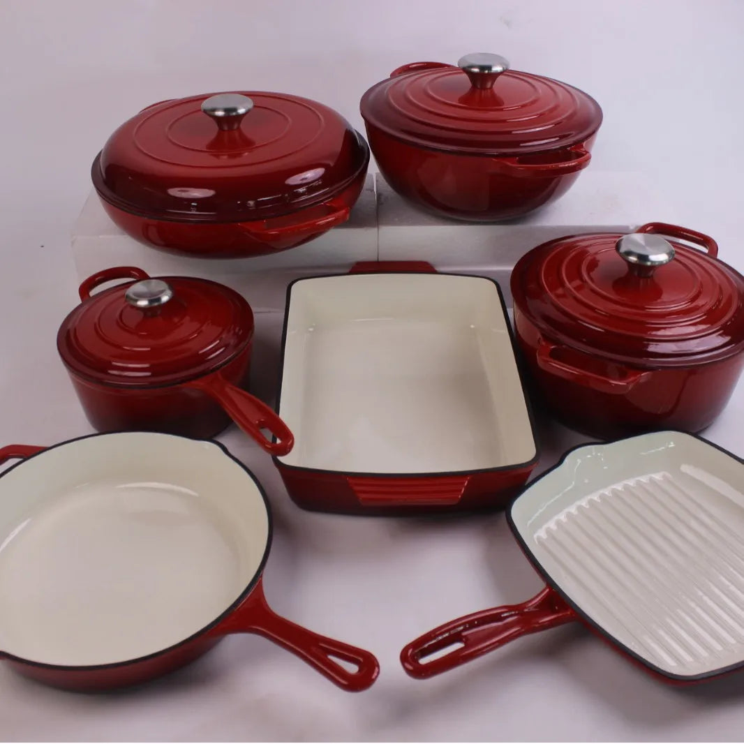 14-Piece Modern Design Cast Iron Enamel Pot Set for Kitchen Use Parties Includes Frying Pan Stew Pot Seafood Pot Food Storage