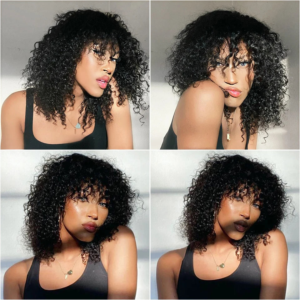 30CM Curly Human Hair Wigs With Bang Machine Made No Lace Wigs Cheap Full Curly Ali Grace Brazilian Hair Fringe Wig