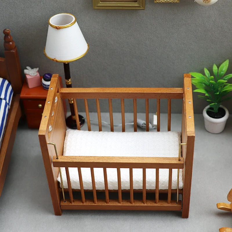 1:12 Doll House Dollhouse Mini Furniture Children's Room Pure Chestnut Crib White Mattress Small Bed