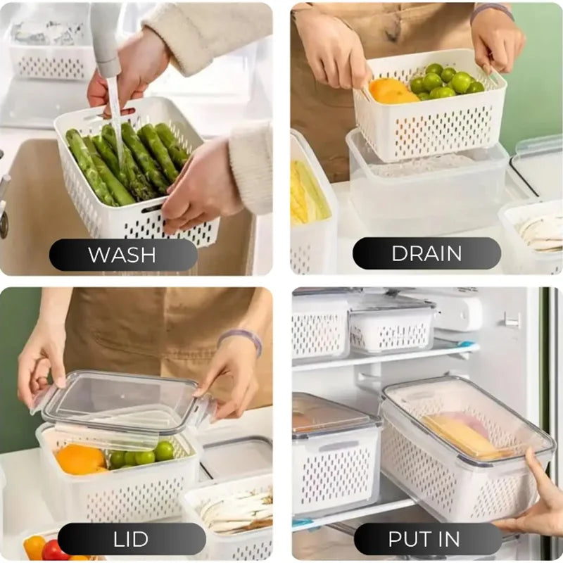 Fridge Organizer Bins Leakproof Plastic Transparent Kitchen Food Pantry Storage Containers With Lids and Removable Colanders