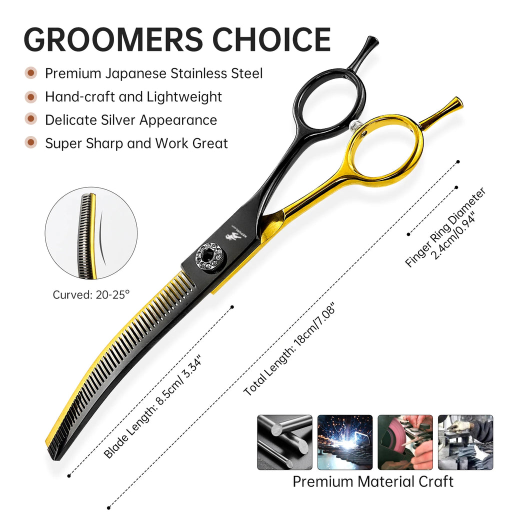 7.0 Inch  Black/gold 6CR Curved  Thinning Scissors  Paint  Shaped Scissors Pet Grooming Veterinary  Scissors PT-177