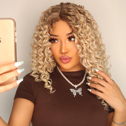 Peluca Women Blonde Kinky Curly Hair Wigs Medium Length Lace Frontal Wigs for Black Women