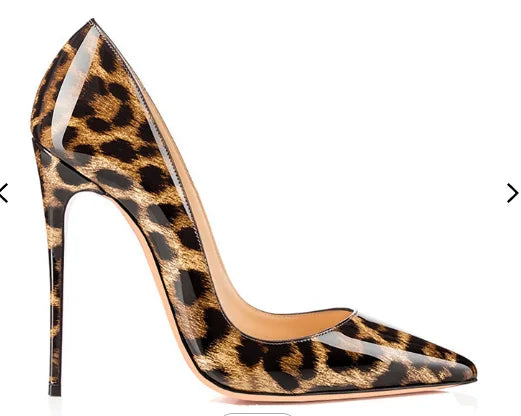 Large Size Leopard Patent High Heel Shoes for Women Girls Night Club Party Wear Summer Slip-On Style Thin Heels