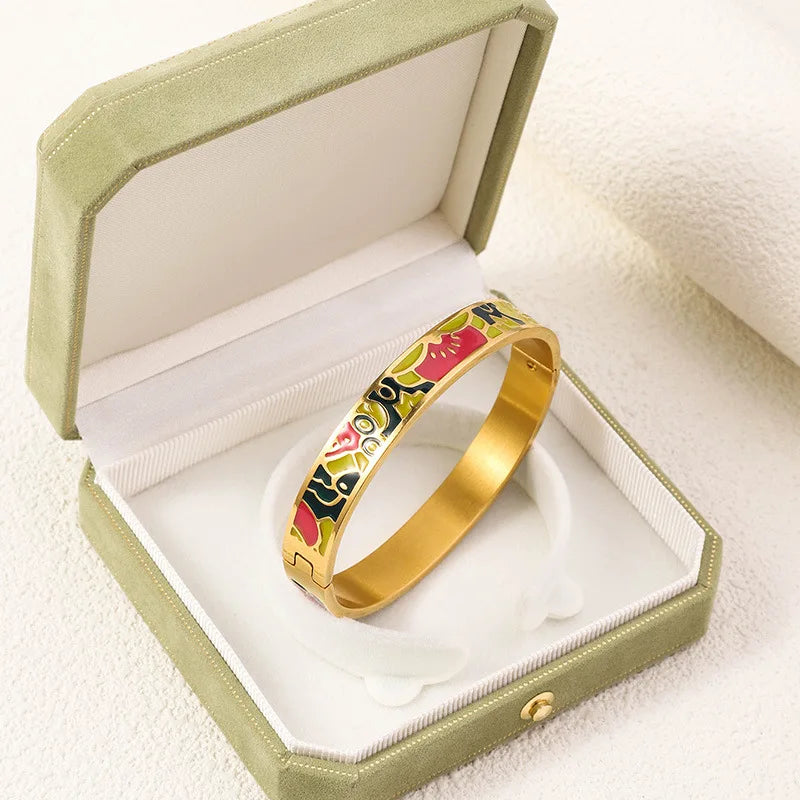 Vintage French Fashion Women's Enameled Pattern Bracelet 18k Gold Plated Stainless Steel Bracelet Jewelry