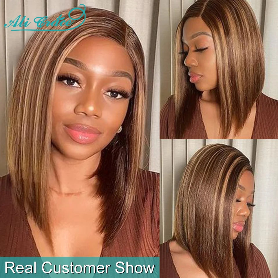 Ali Grace Highlight Brown Wig Straight Short Bob Wigs Ombre Color Human Hair Wigs 4X4 Lace Closure Wig Blunt Bob Wig Pre-Plucked