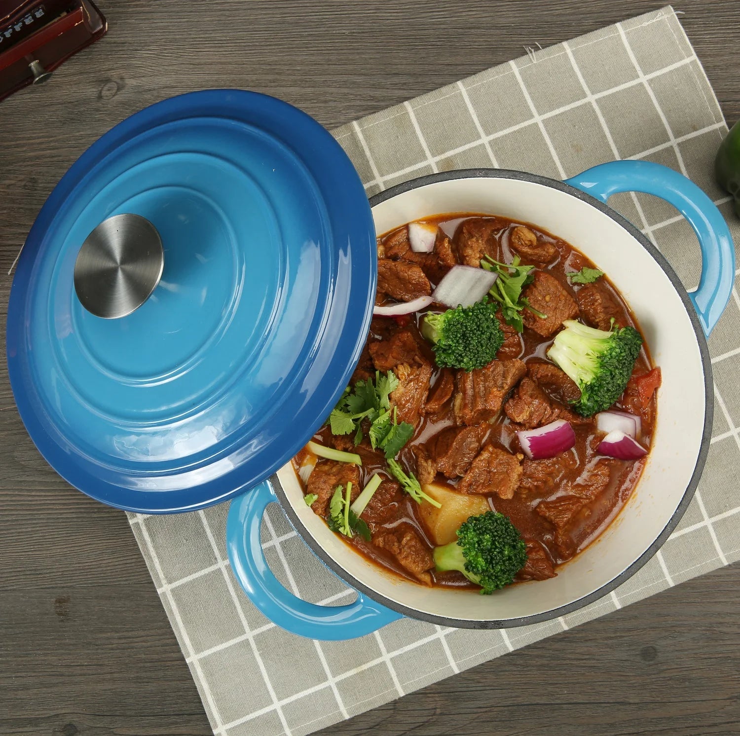 24cm 4L Blue Casserole Dish Cooking Stewing Pot Bread Baking Roasting Dish Enamelled Cast Iron Round Dutch Oven